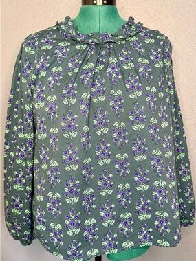 J. Crew Green Floral Blouse Ruffle Neck Purple Print Size XL